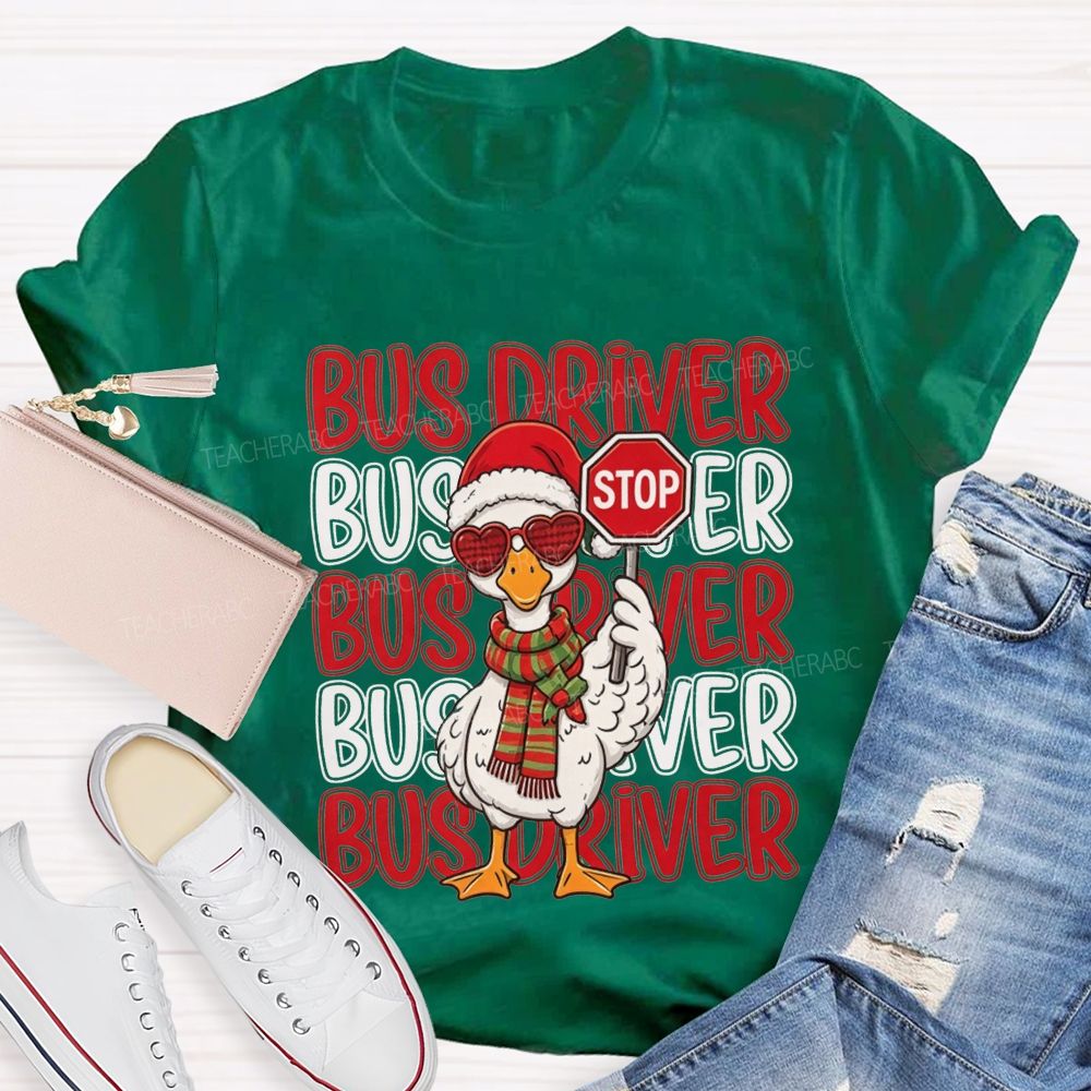 Bus Driver Christmas Duck Santa Duck Holding Stop T-shirt