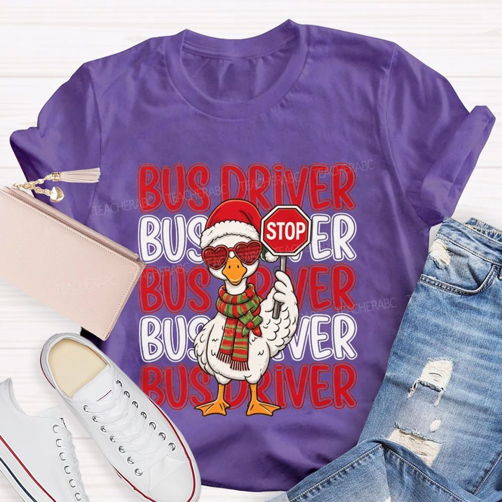 Bus Driver Christmas Duck Santa Duck Holding Stop T-shirt