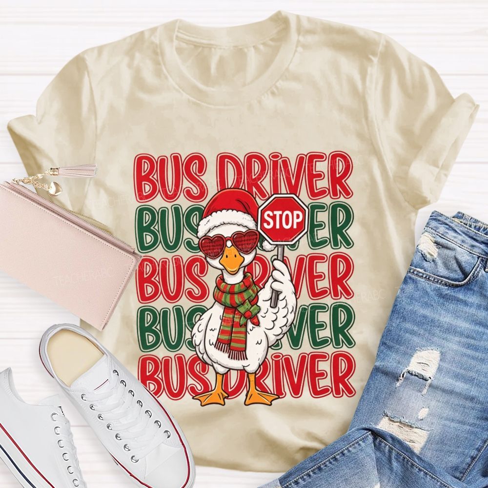 Bus Driver Christmas Duck Santa Duck Holding Stop T-shirt