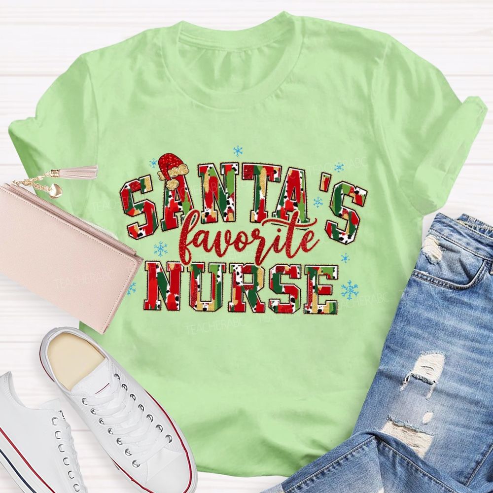 Santa'S Favorite Nurse Cow Print Christmas T-shirt