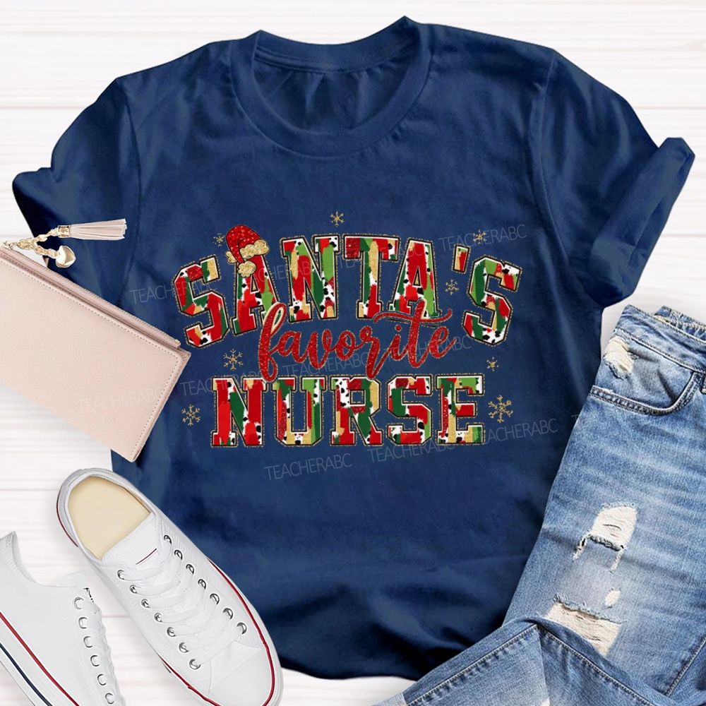 Santa'S Favorite Nurse Cow Print Christmas T-shirt