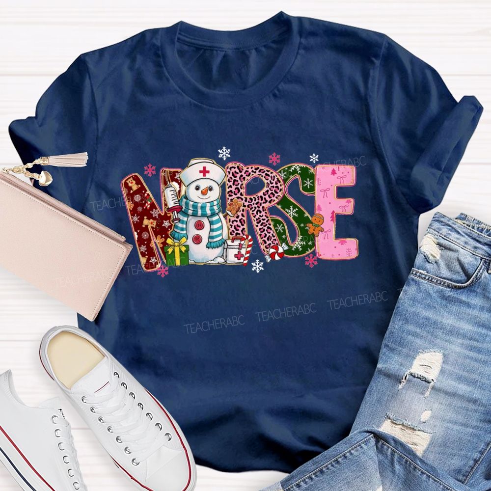 Christmas Nurse Snowman Leopard Print T-shirt