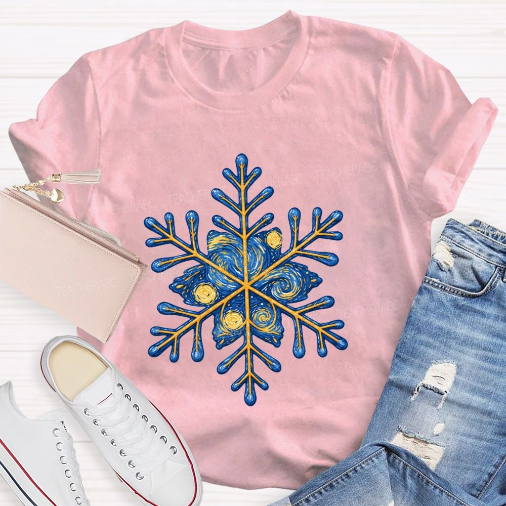Blue Sky Artistic Snowflakes Teacher T-shirt