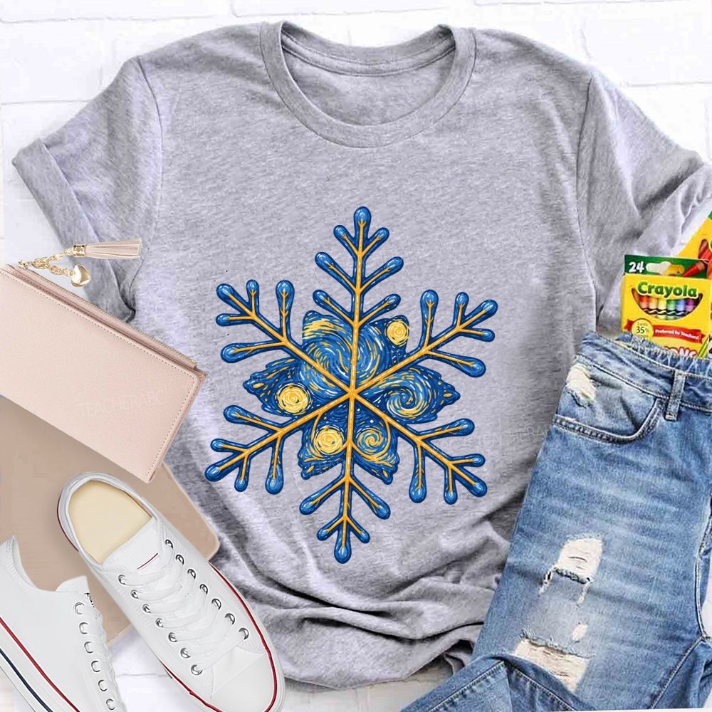 Blue Sky Artistic Snowflakes Teacher T-shirt