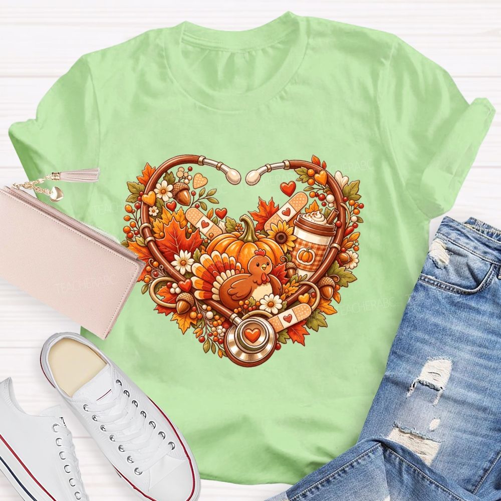 Fall Nurse Stethoscope Heart Thanksgiving Teacher T-shirt