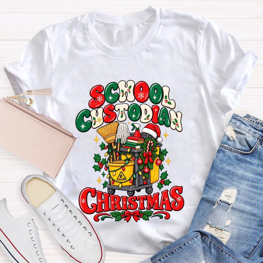 School Custodian Christmas Cleaning Supplies Santa Hat Holly T-shirt
