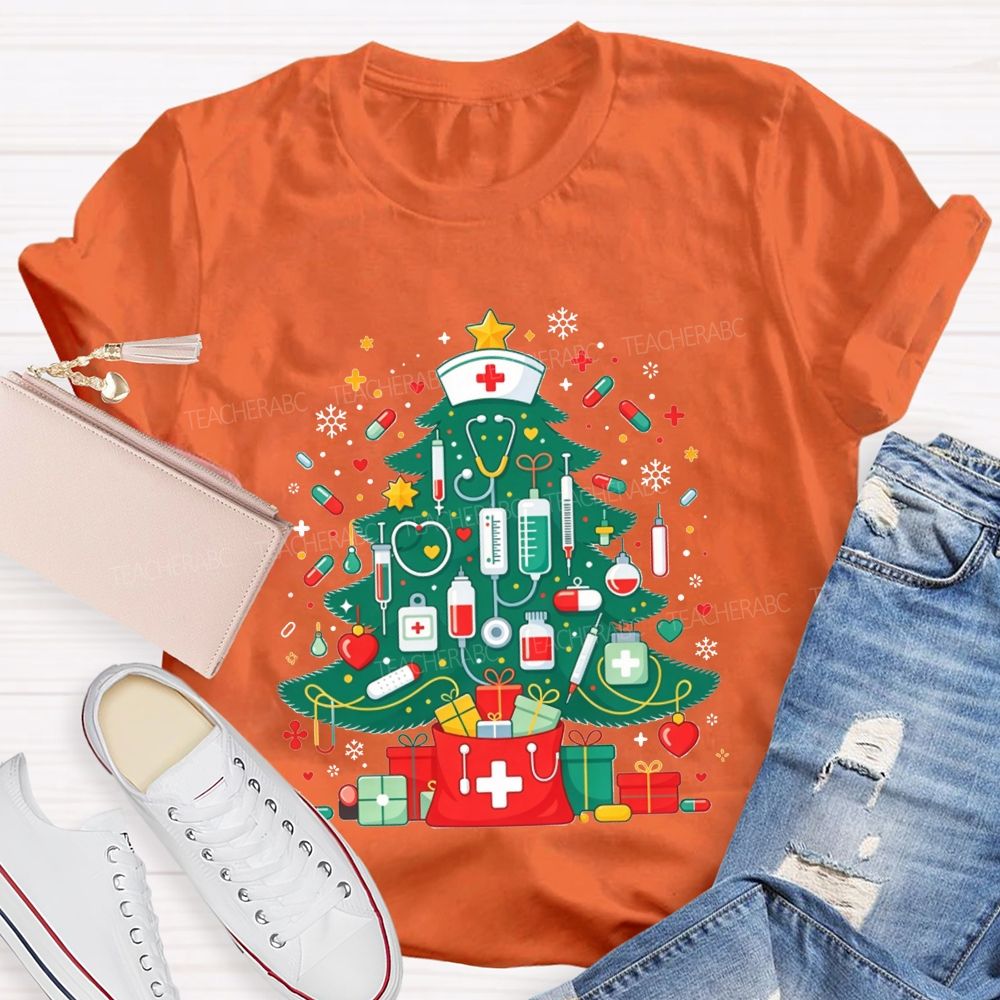 School Nurse Medical Christmas Tree Stethoscope Syringe Holiday T-shirt