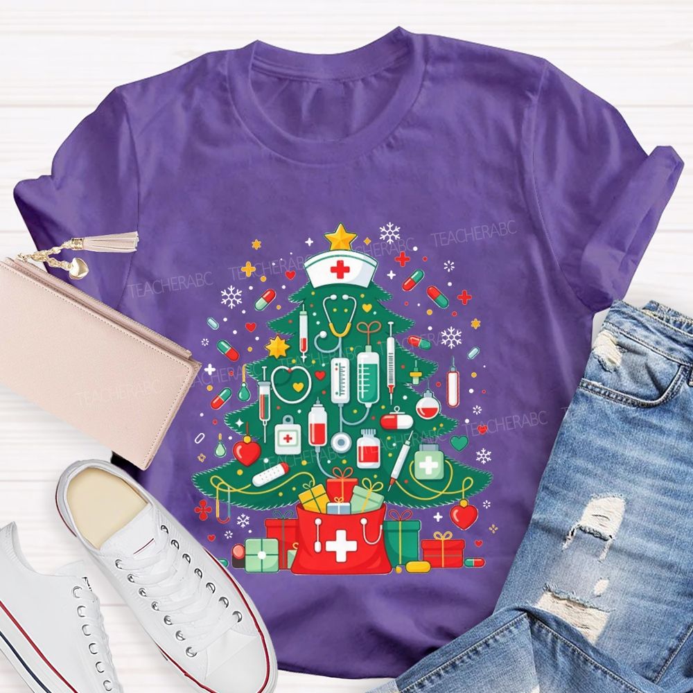 School Nurse Medical Christmas Tree Stethoscope Syringe Holiday T-shirt