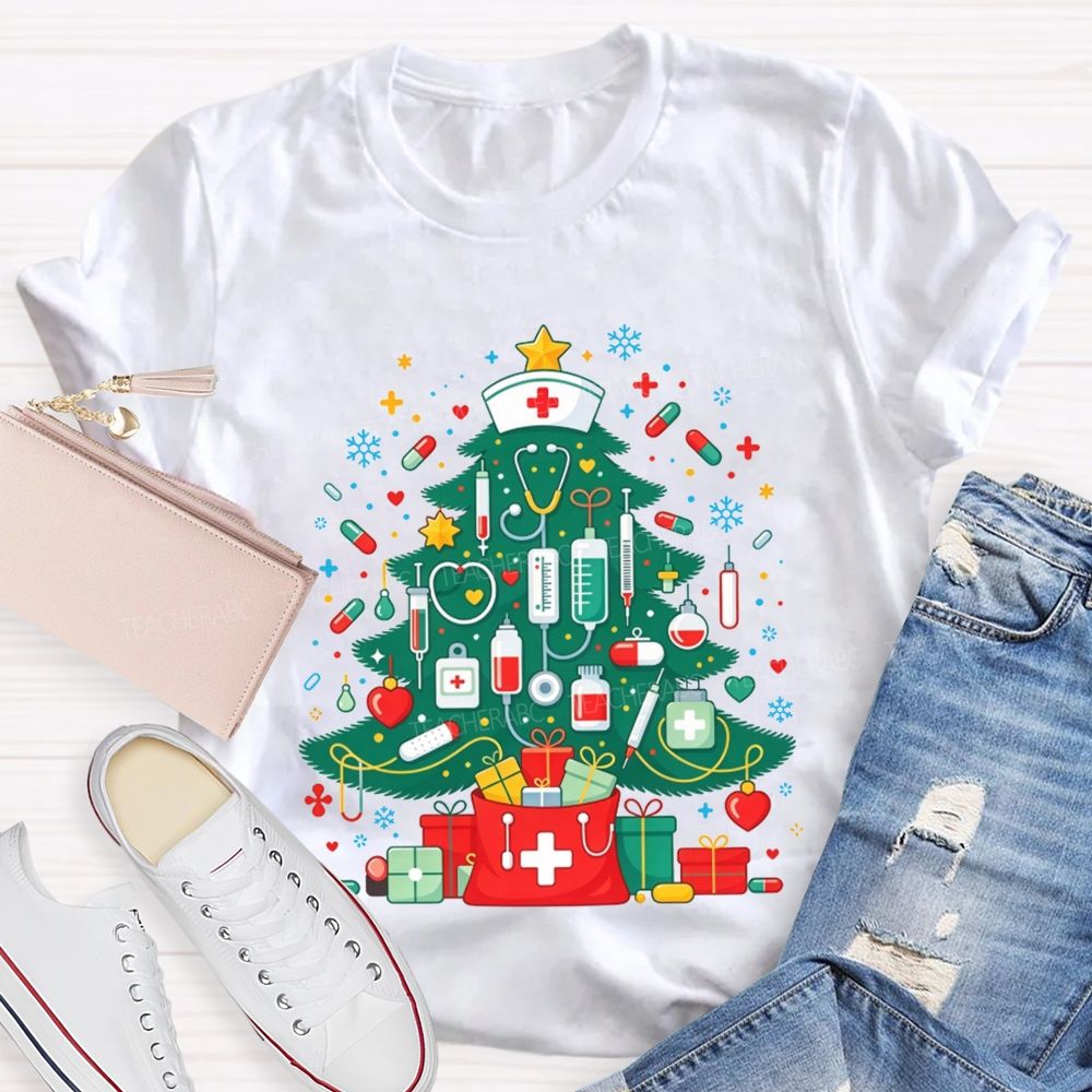 School Nurse Medical Christmas Tree Stethoscope Syringe Holiday T-shirt