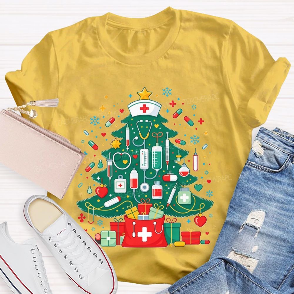 School Nurse Medical Christmas Tree Stethoscope Syringe Holiday T-shirt