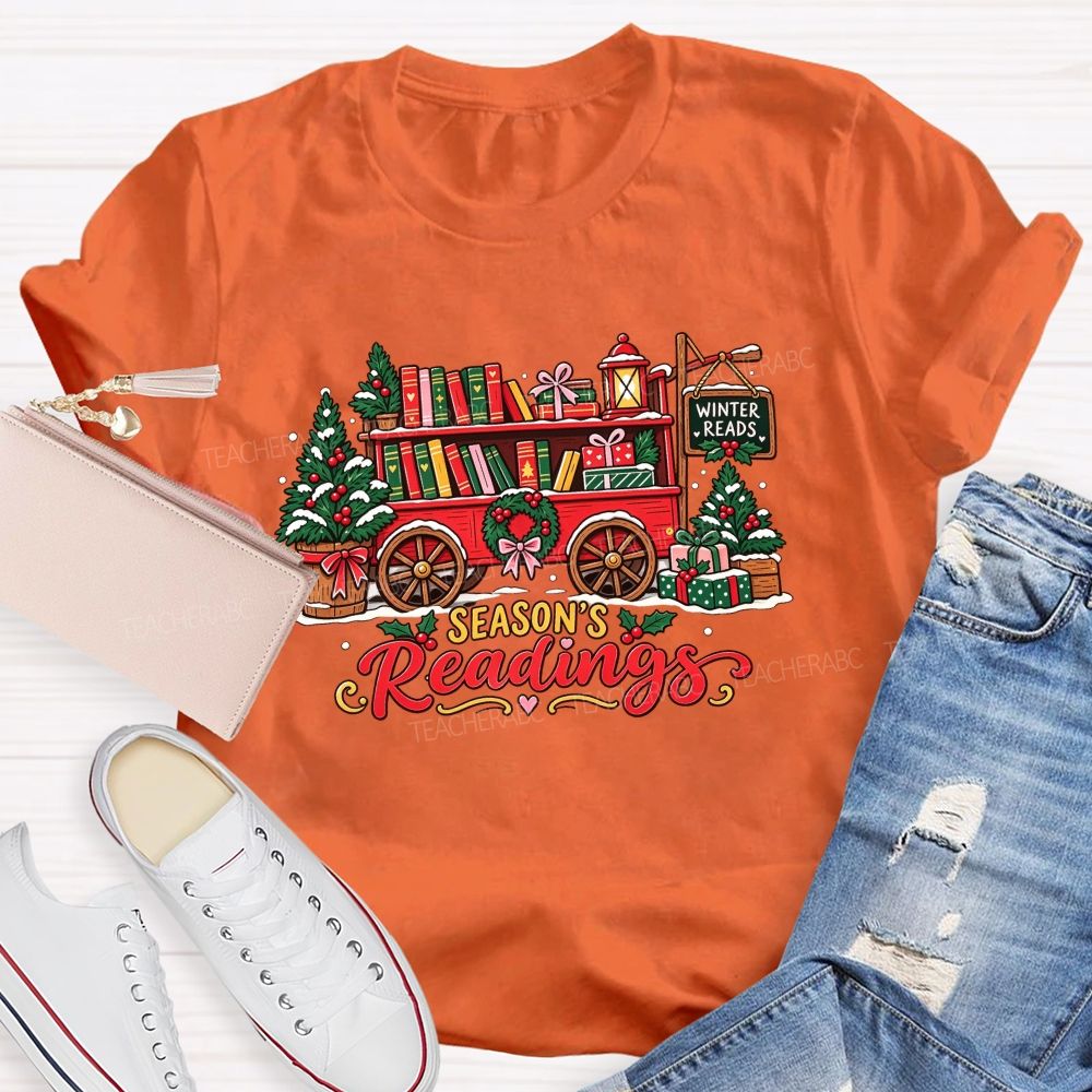 Season's Readings Book Wagon Christmas Teacher T-shirt