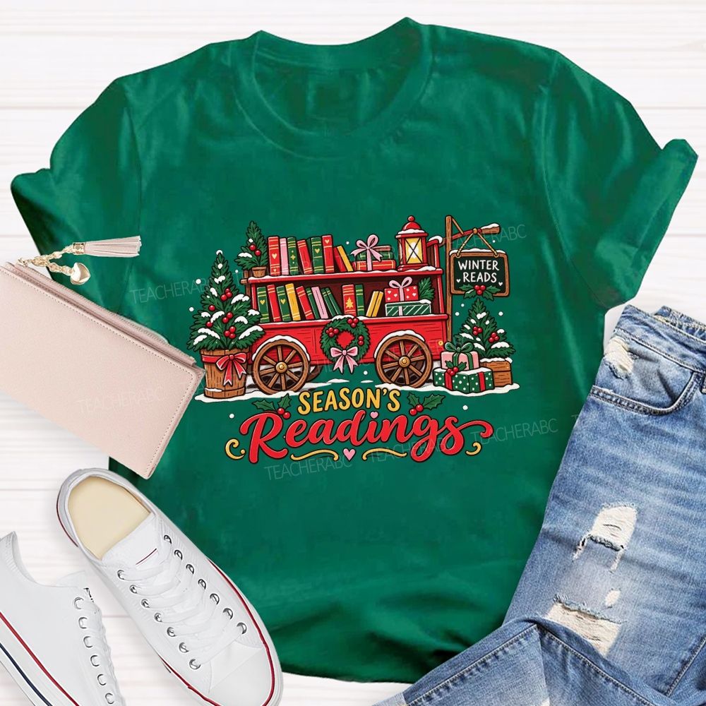 Season's Readings Book Wagon Christmas Teacher T-shirt
