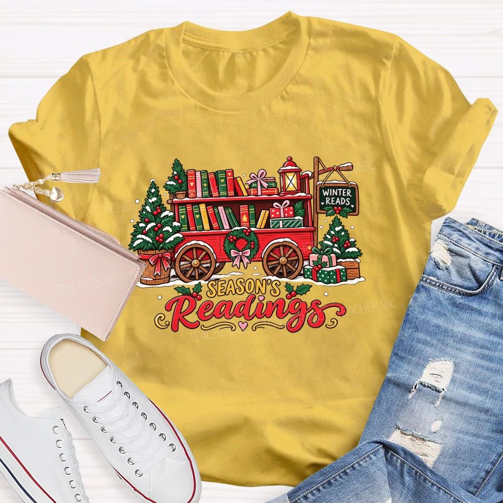 Season's Readings Book Wagon Christmas Teacher T-shirt