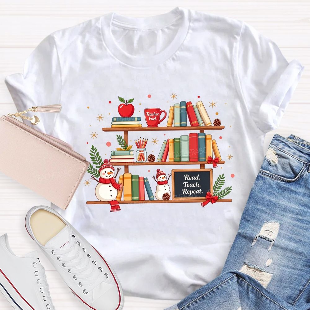 Read Teach Repeat Teacher Christmas Bookshelf Snowman Winter Teacher T-shirt