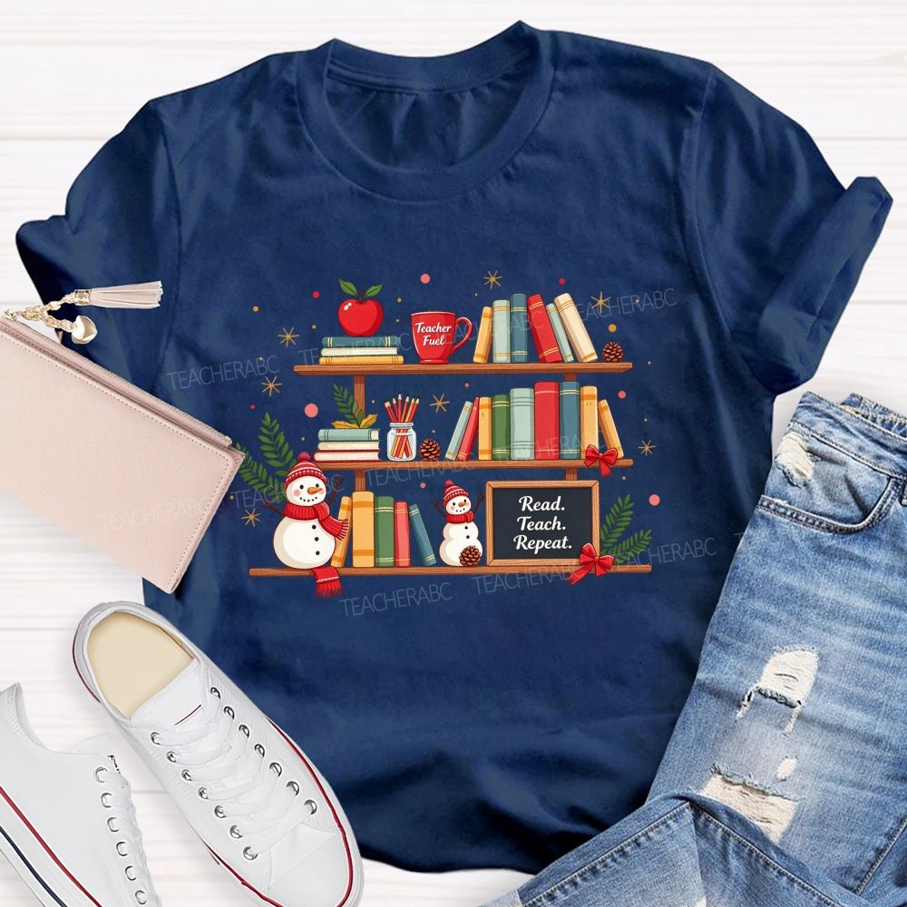 Read Teach Repeat Teacher Christmas Bookshelf Snowman Winter Teacher T-shirt