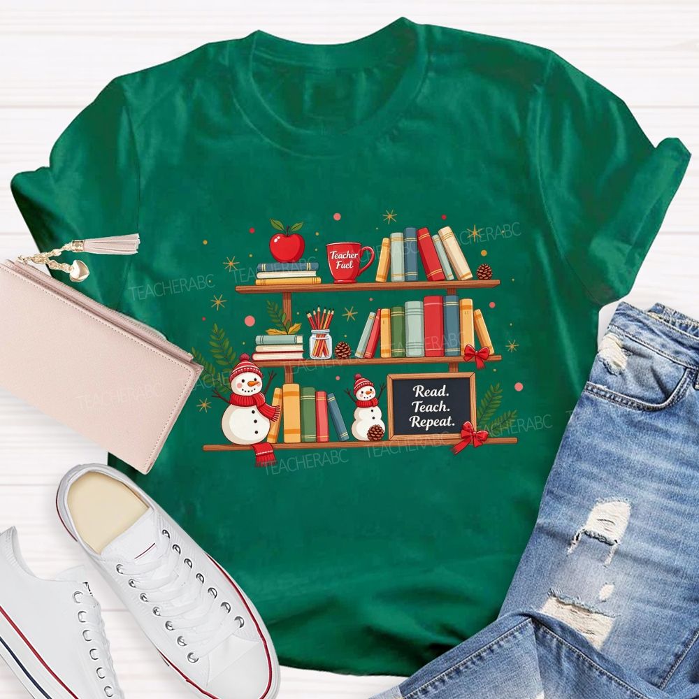 Read Teach Repeat Teacher Christmas Bookshelf Snowman Winter Teacher T-shirt