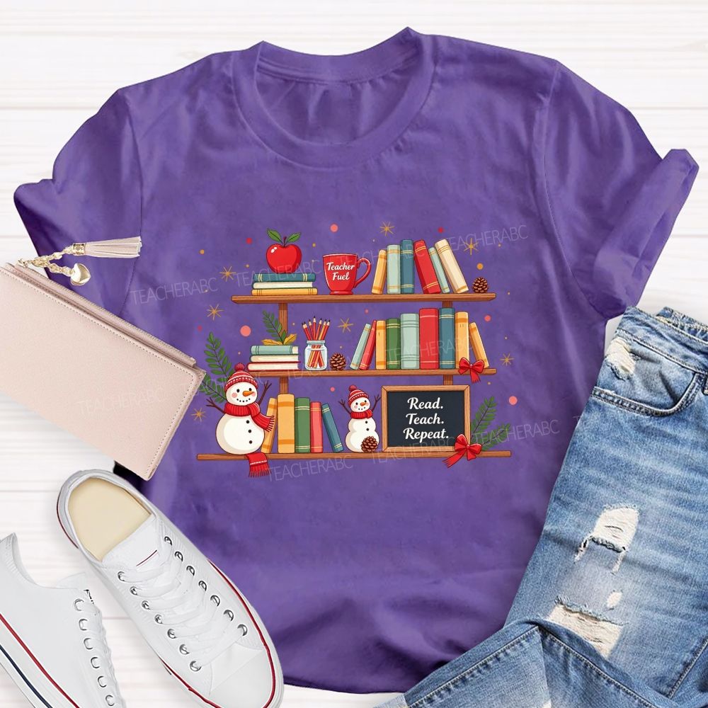 Read Teach Repeat Teacher Christmas Bookshelf Snowman Winter Teacher T-shirt