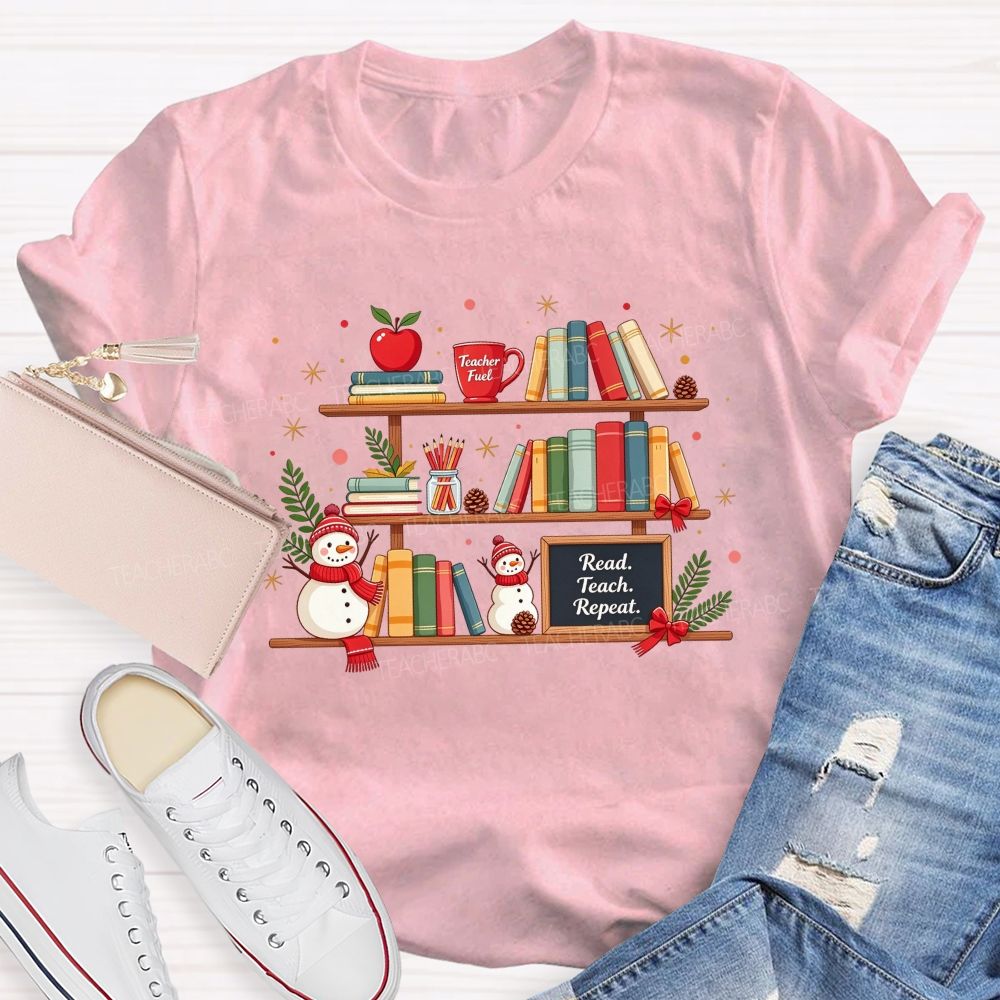 Read Teach Repeat Teacher Christmas Bookshelf Snowman Winter Teacher T-shirt