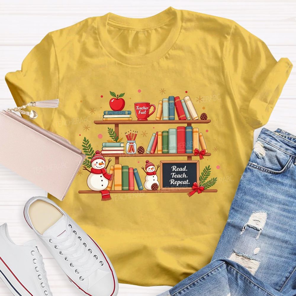Read Teach Repeat Teacher Christmas Bookshelf Snowman Winter Teacher T-shirt