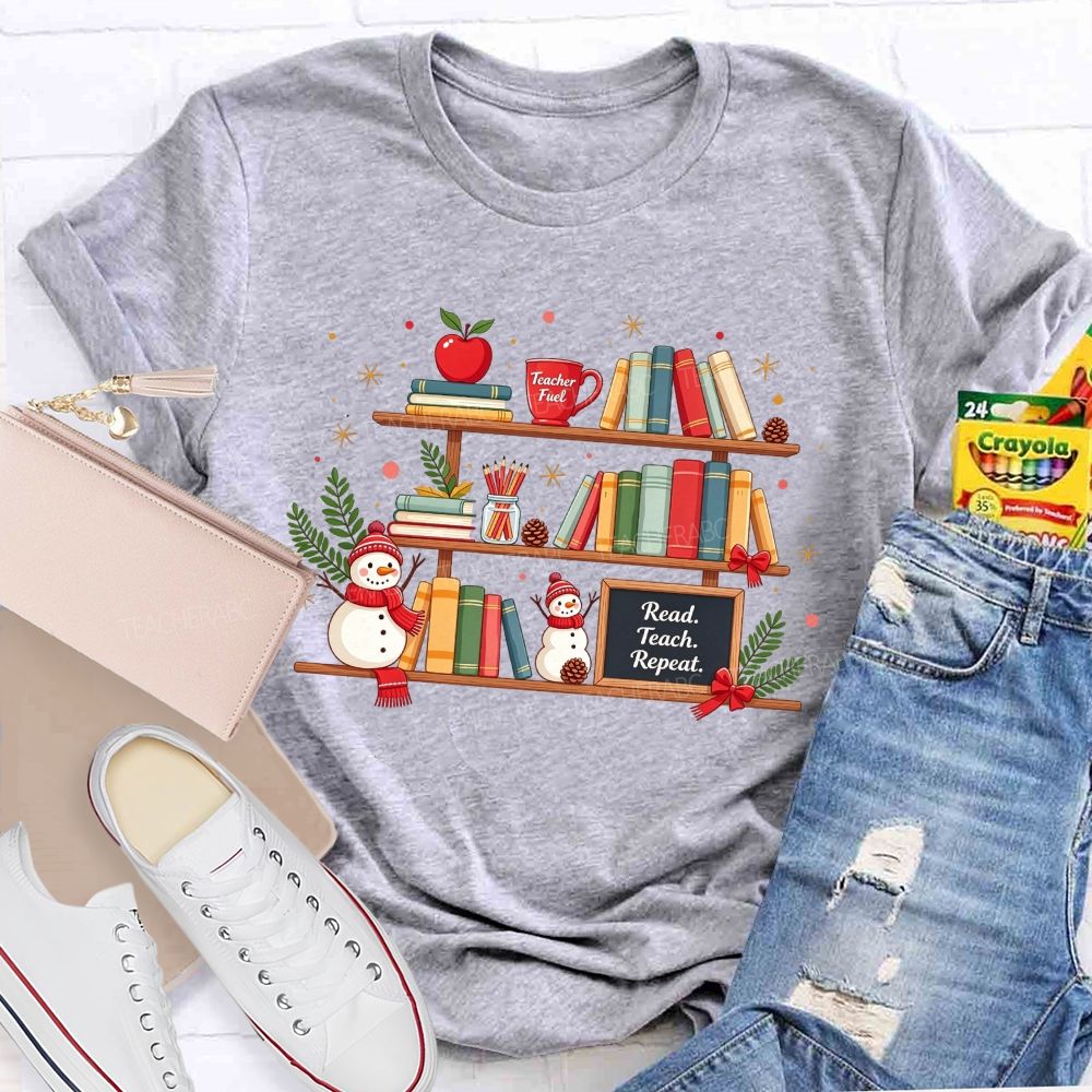 Read Teach Repeat Teacher Christmas Bookshelf Snowman Winter Teacher T-shirt