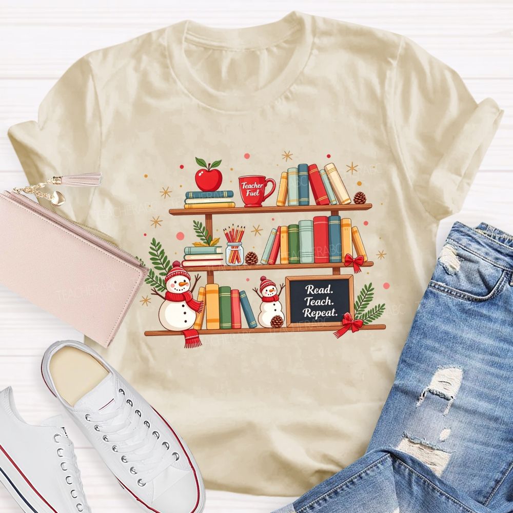 Read Teach Repeat Teacher Christmas Bookshelf Snowman Winter Teacher T-shirt
