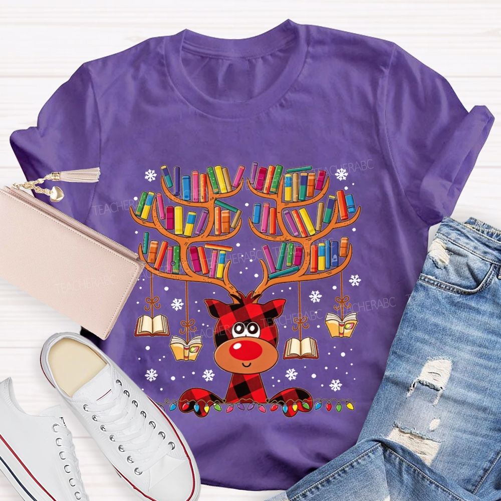 Reading Reindeer Holiday Vibes Book Lover Christmas Teacher T-shirt