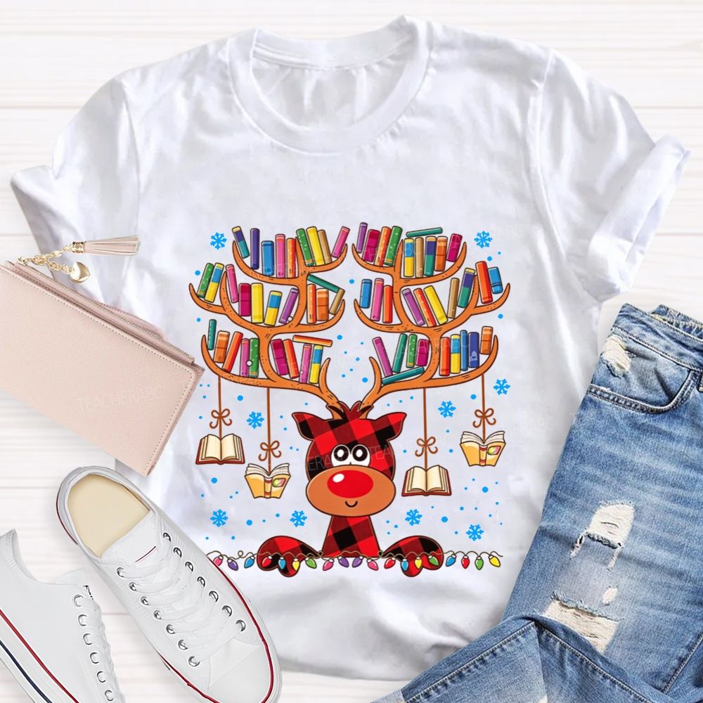 Reading Reindeer Holiday Vibes Book Lover Christmas Teacher T-shirt
