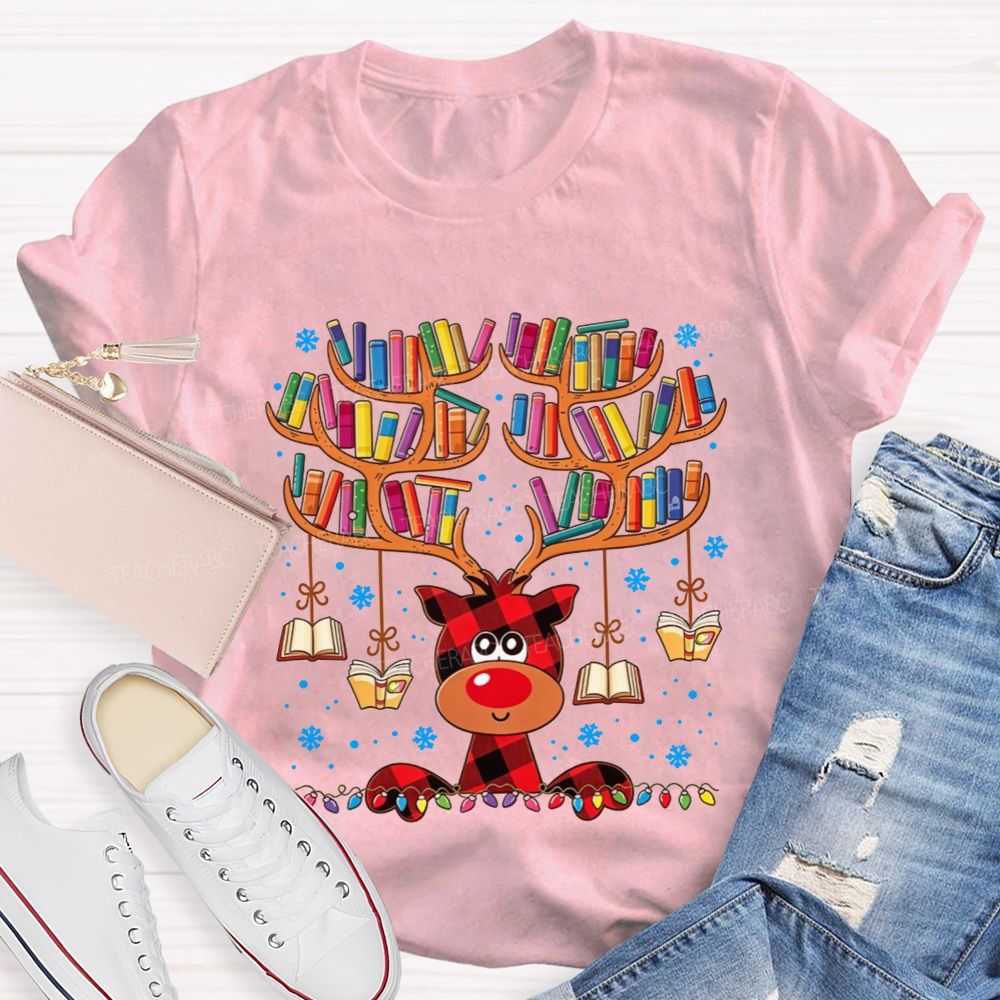 Reading Reindeer Holiday Vibes Book Lover Christmas Teacher T-shirt