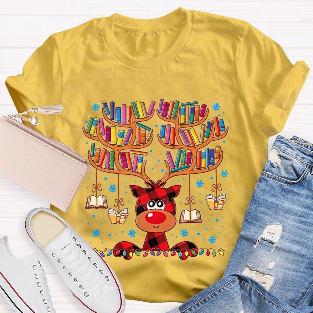 Reading Reindeer Holiday Vibes Book Lover Christmas Teacher T-shirt