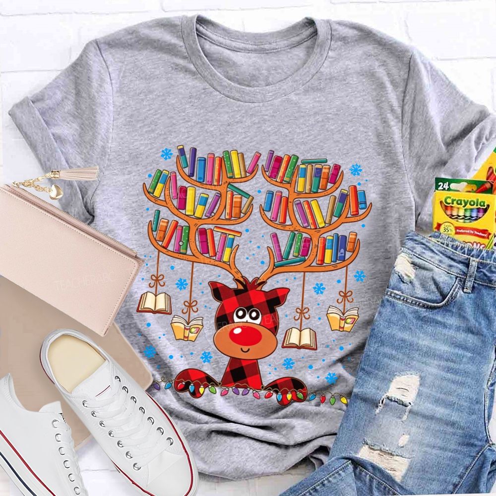 Reading Reindeer Holiday Vibes Book Lover Christmas Teacher T-shirt