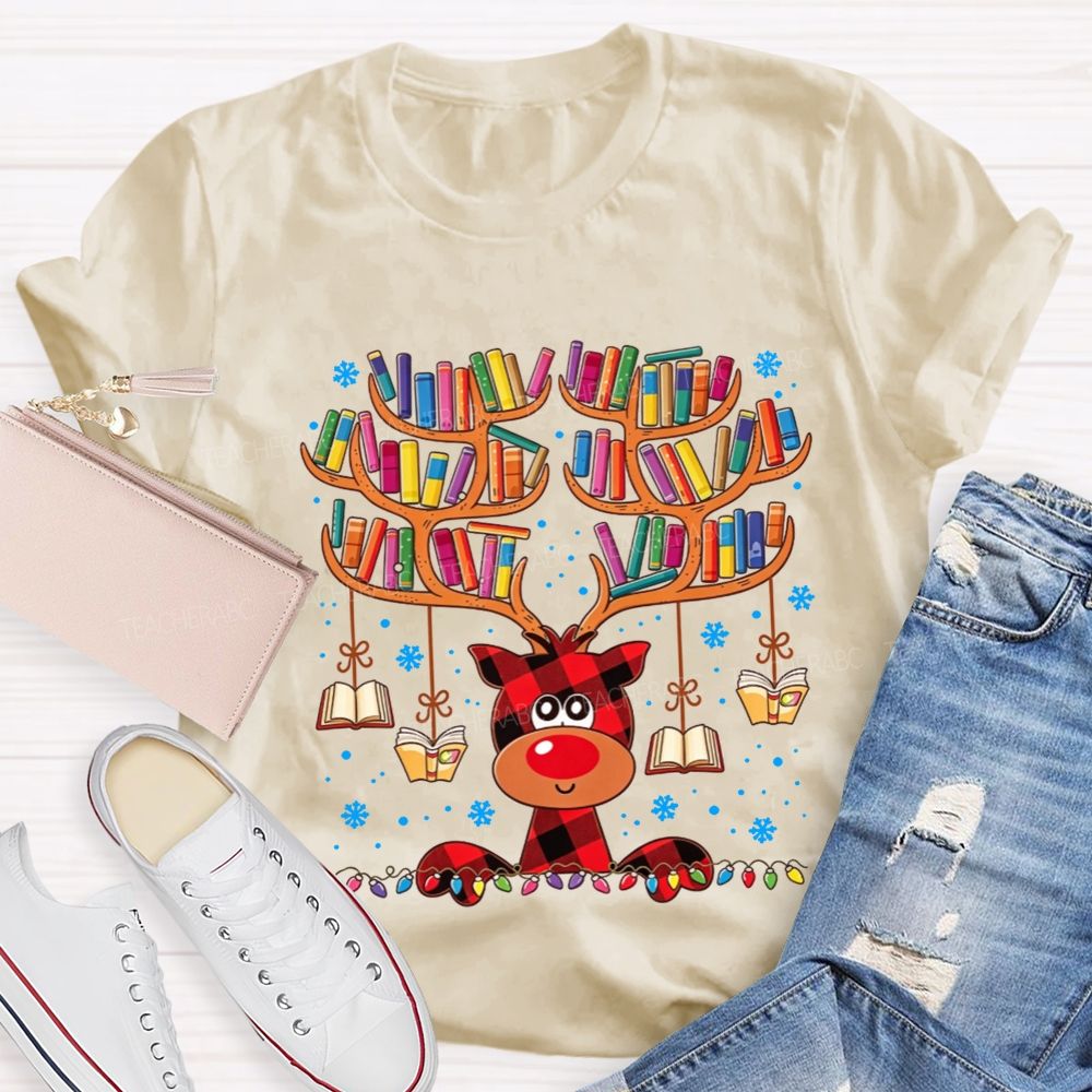 Reading Reindeer Holiday Vibes Book Lover Christmas Teacher T-shirt