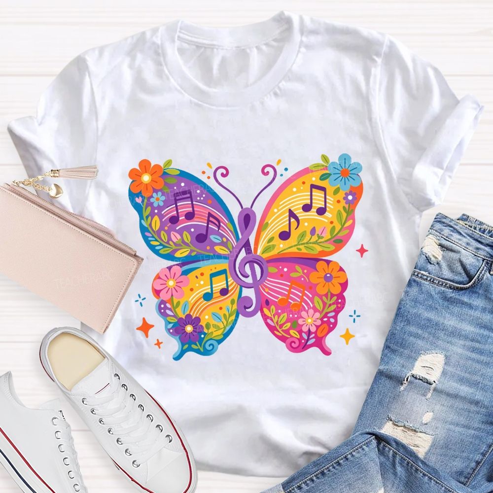 Colorful Floral Butterfly With Music Notes Graphic Music Teacher T-shirt