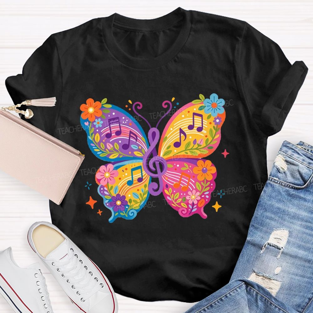 Colorful Floral Butterfly With Music Notes Graphic Music Teacher T-shirt