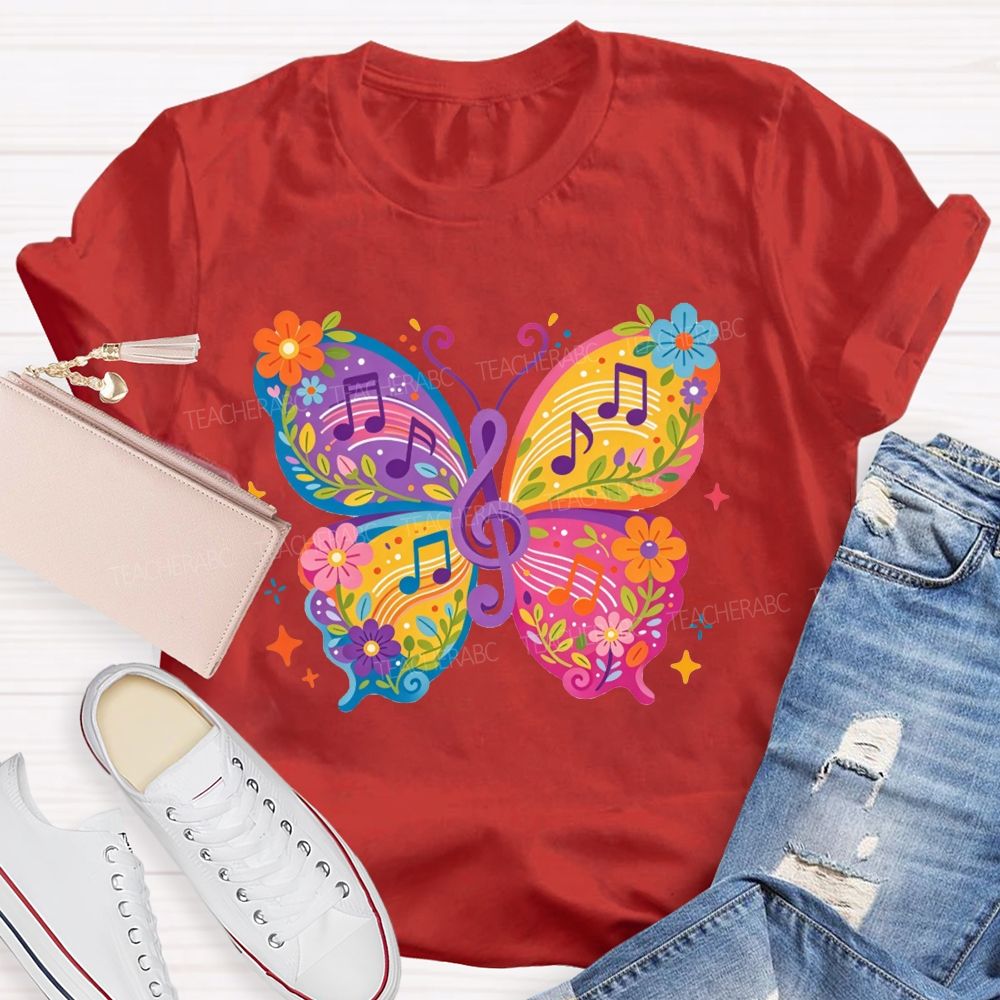Colorful Floral Butterfly With Music Notes Graphic Music Teacher T-shirt