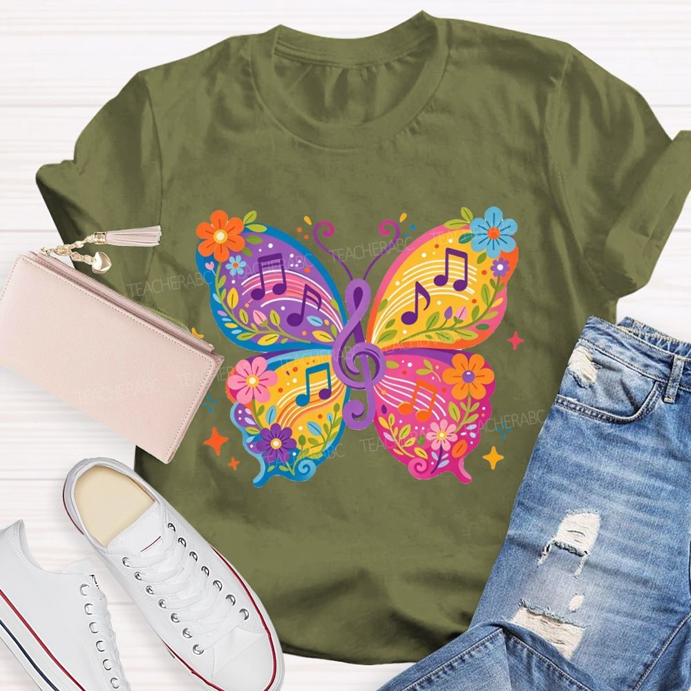 Colorful Floral Butterfly With Music Notes Graphic Music Teacher T-shirt