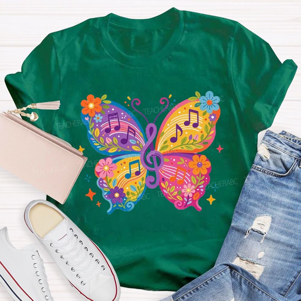 Colorful Floral Butterfly With Music Notes Graphic Music Teacher T-shirt