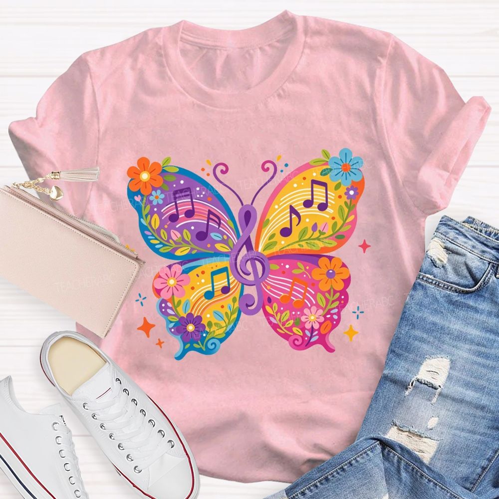 Colorful Floral Butterfly With Music Notes Graphic Music Teacher T-shirt