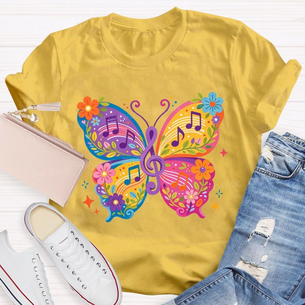 Colorful Floral Butterfly With Music Notes Graphic Music Teacher T-shirt