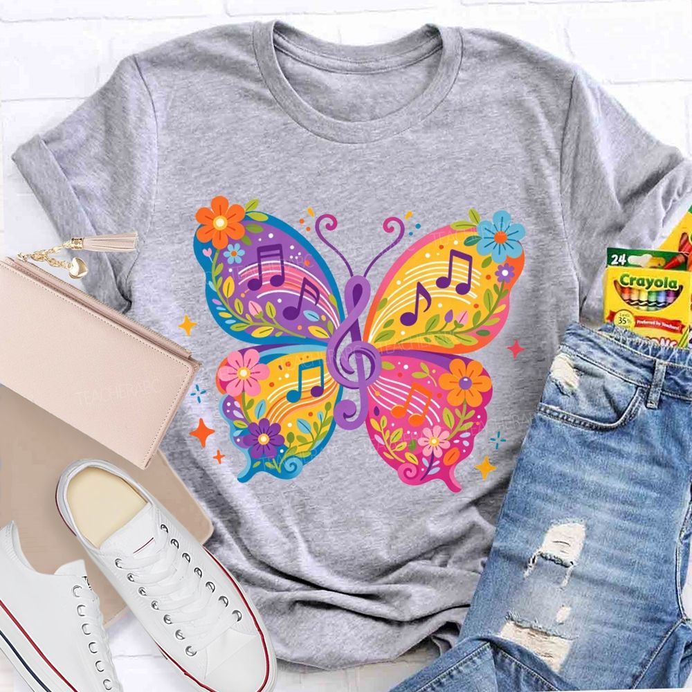 Colorful Floral Butterfly With Music Notes Graphic Music Teacher T-shirt
