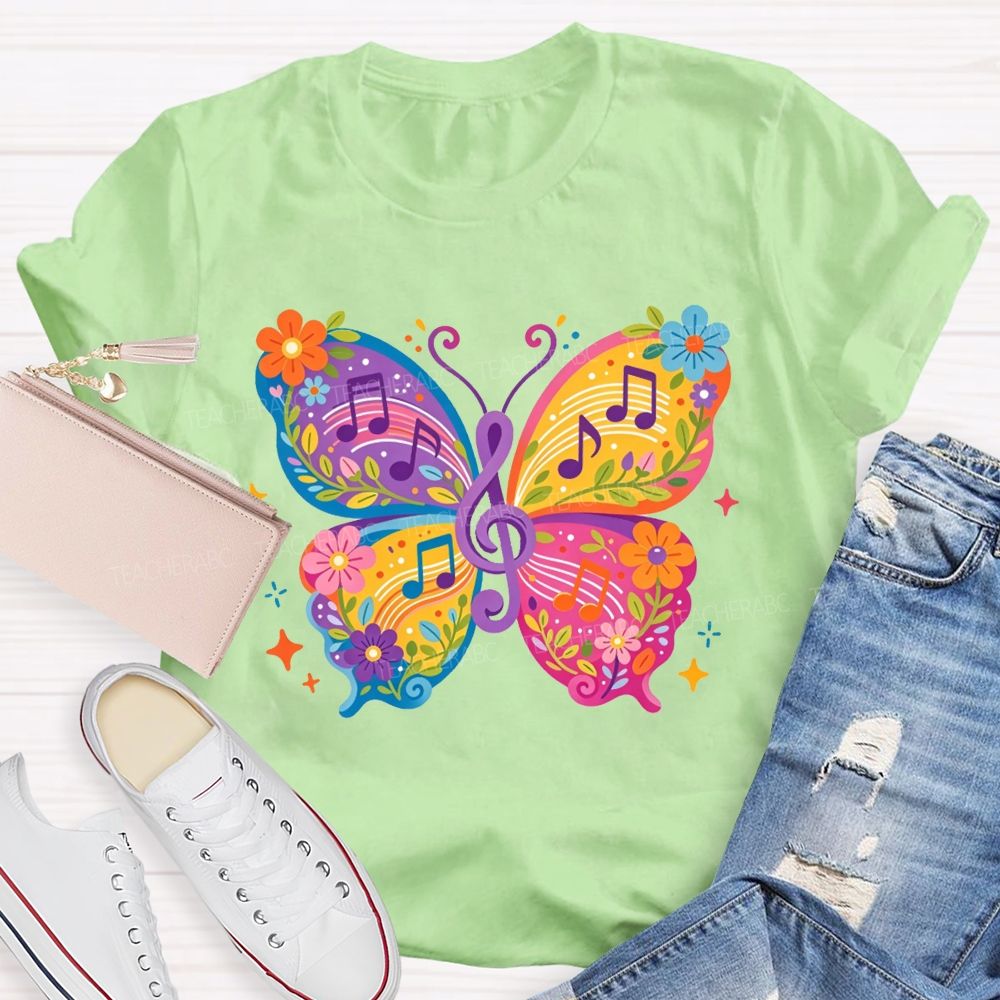 Colorful Floral Butterfly With Music Notes Graphic Music Teacher T-shirt