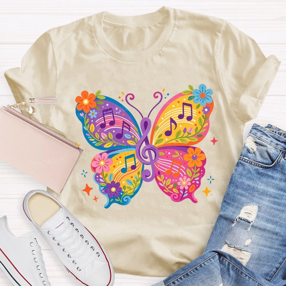 Colorful Floral Butterfly With Music Notes Graphic Music Teacher T-shirt
