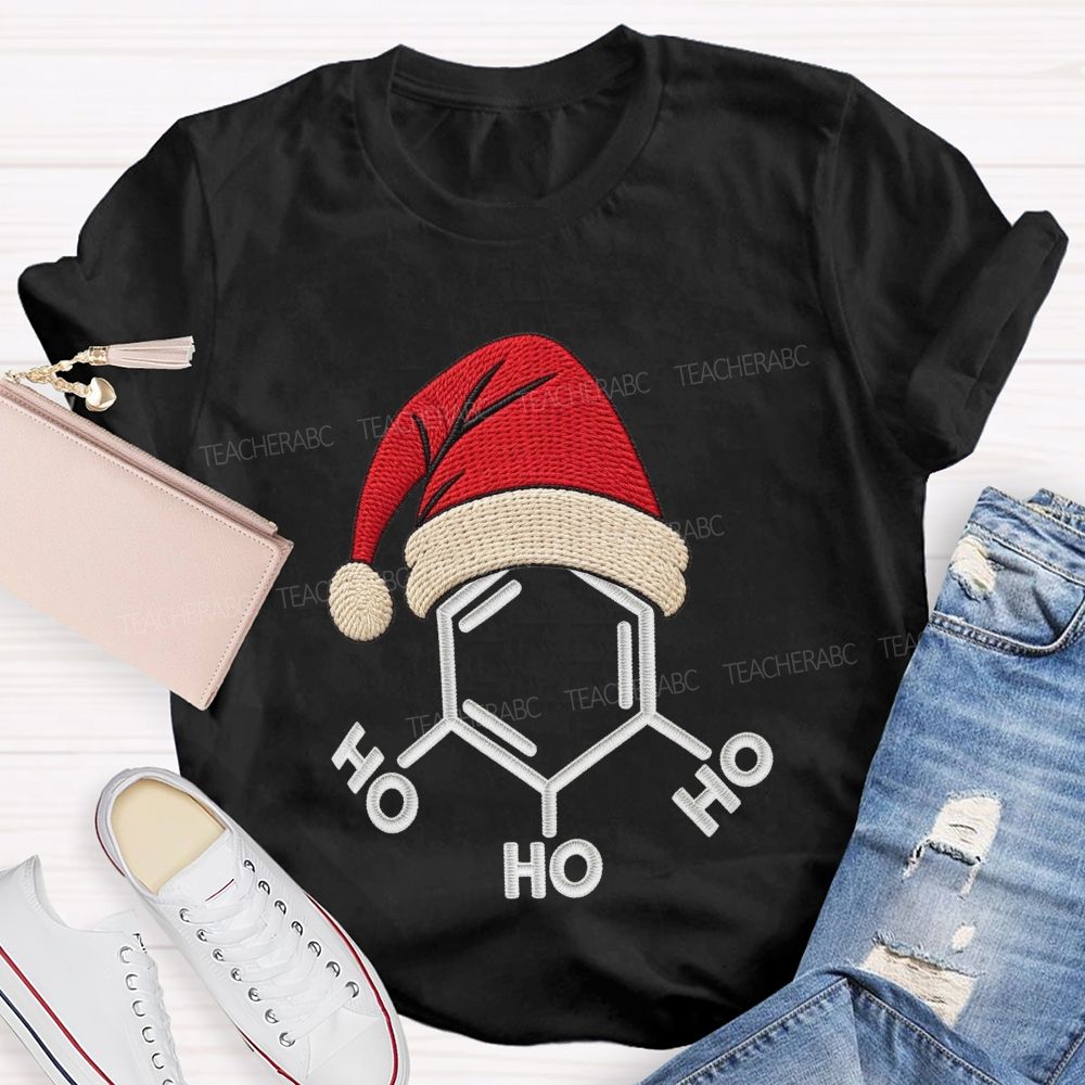 Ho Ho Ho Molecule Christmas Embroidered Look Science Teacher T-shirt