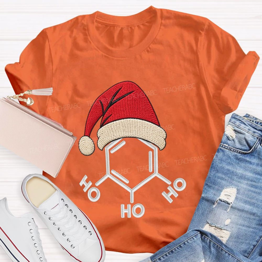 Ho Ho Ho Molecule Christmas Embroidered Look Science Teacher T-shirt