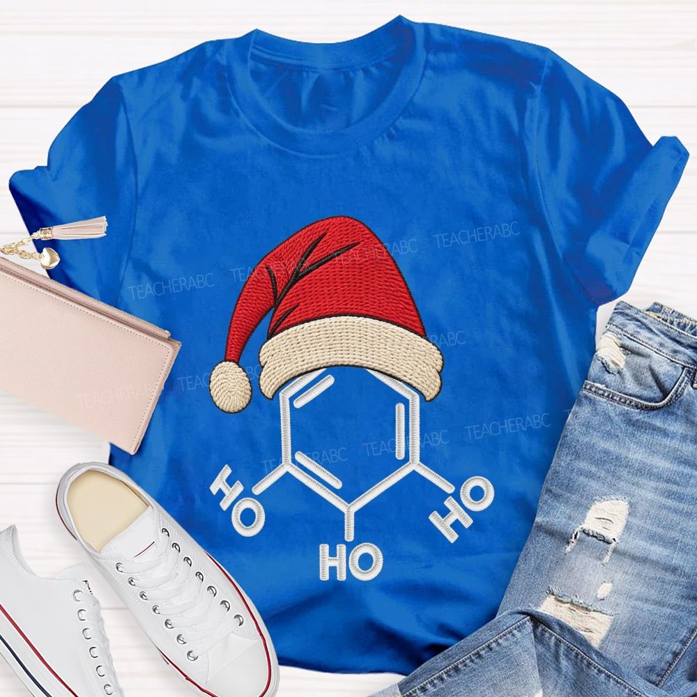Ho Ho Ho Molecule Christmas Embroidered Look Science Teacher T-shirt