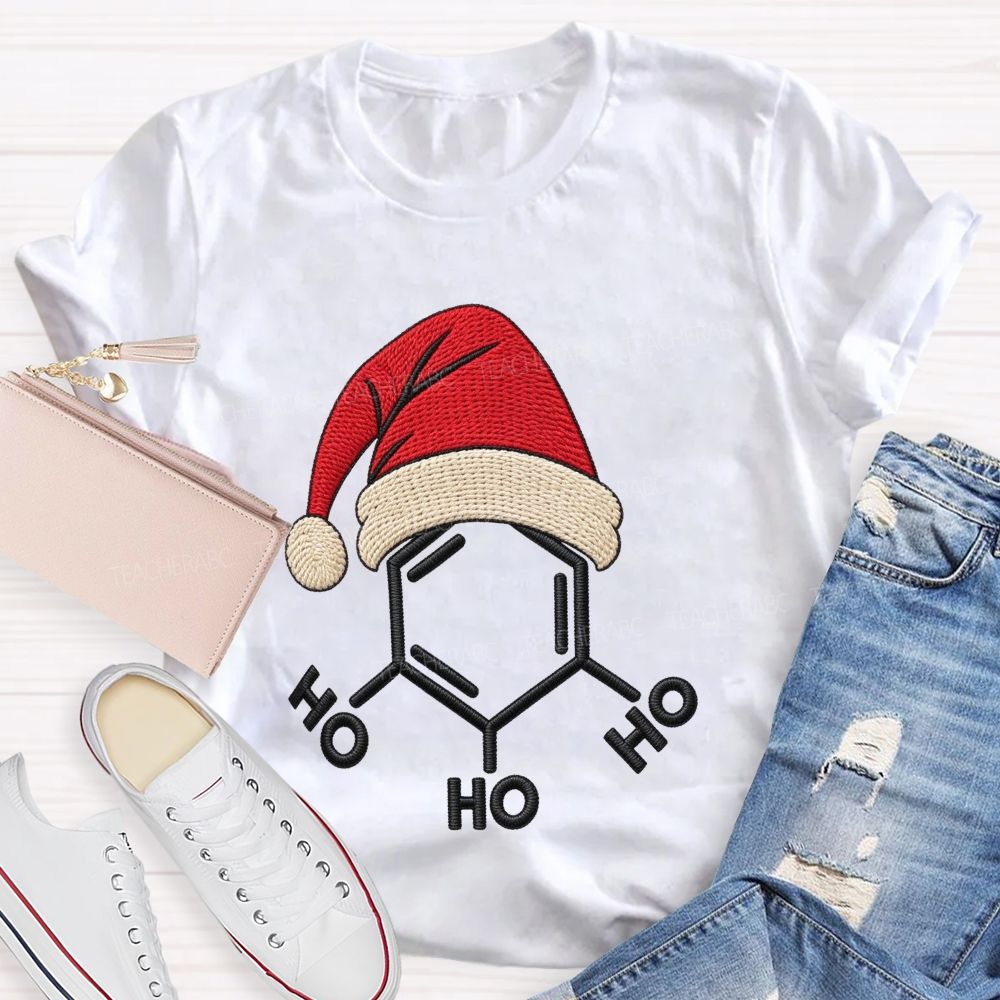 Ho Ho Ho Molecule Christmas Embroidered Look Science Teacher T-shirt