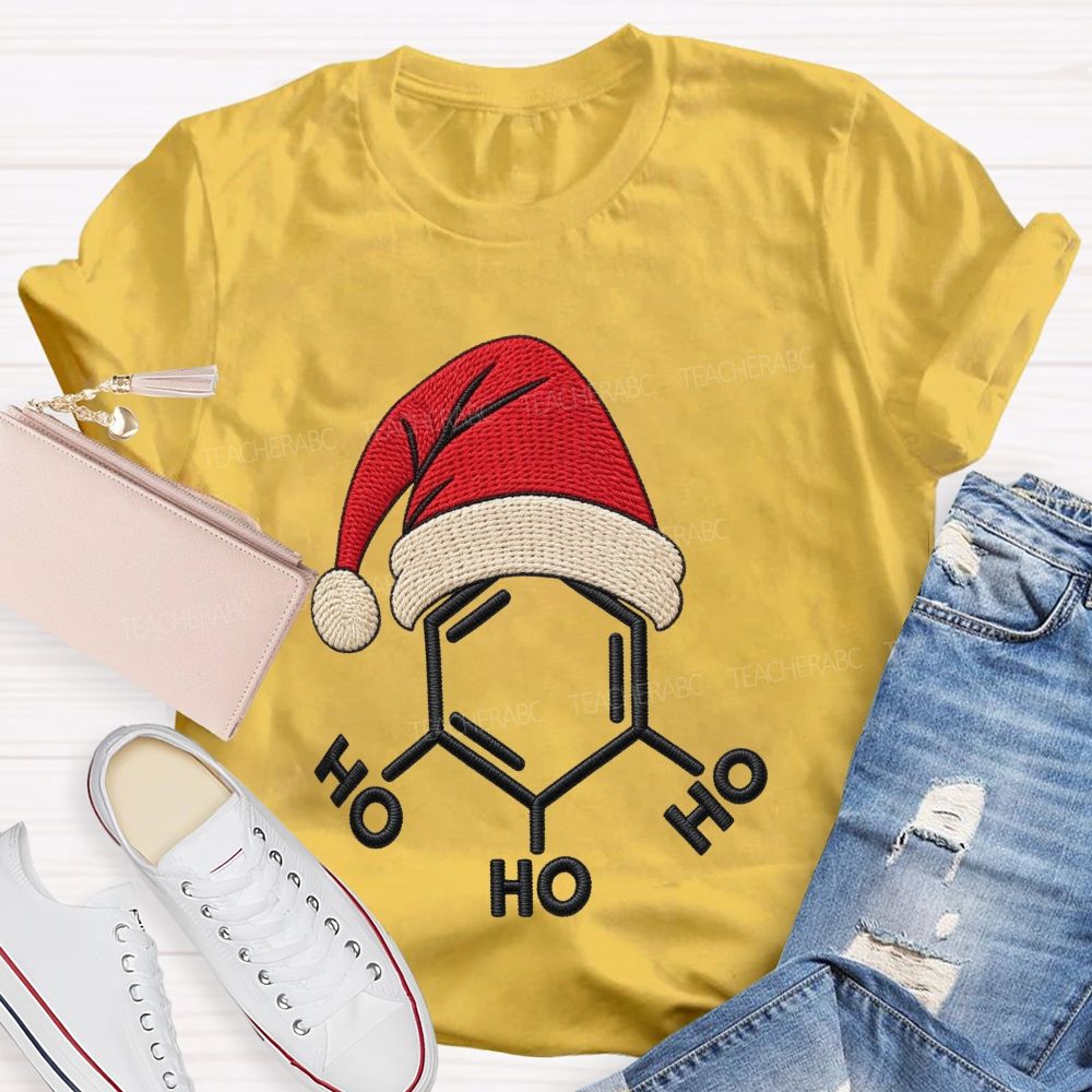 Ho Ho Ho Molecule Christmas Embroidered Look Science Teacher T-shirt