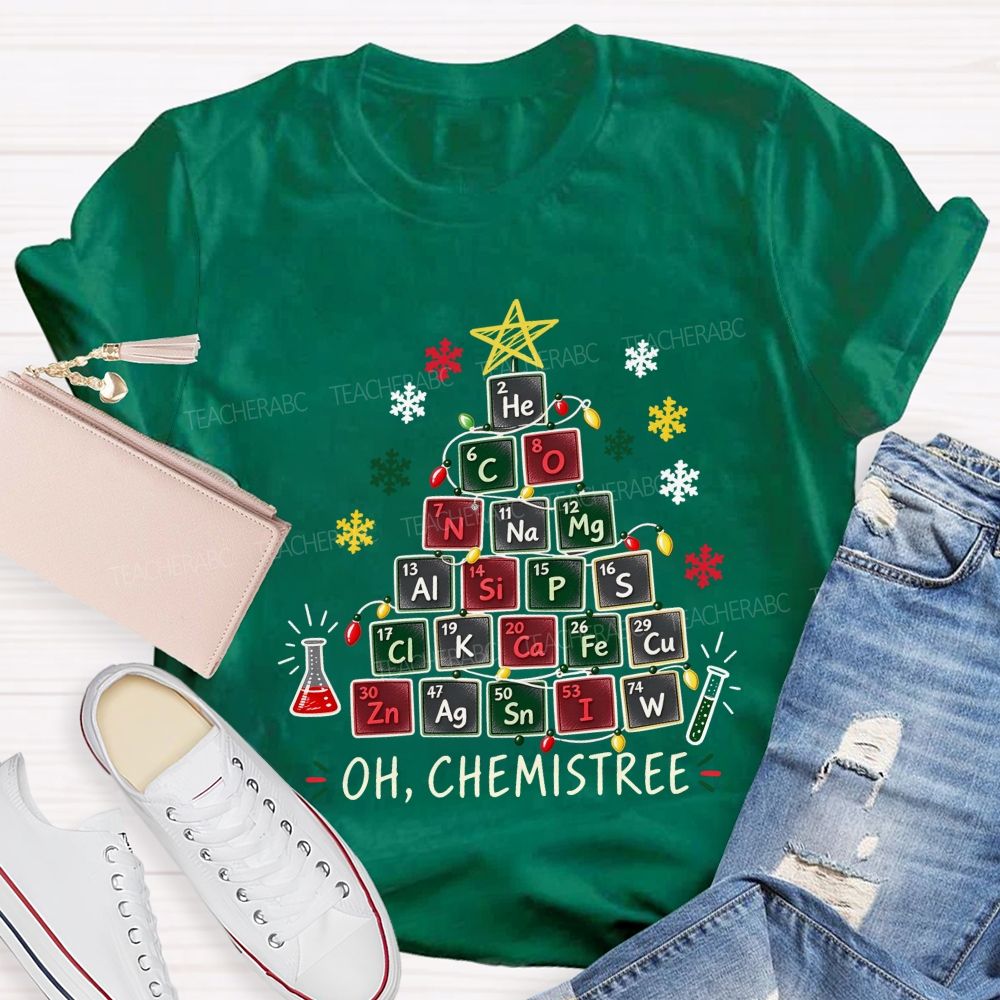 Oh Chemistree Colorful Periodic Table Christmas Teacher T-shirt