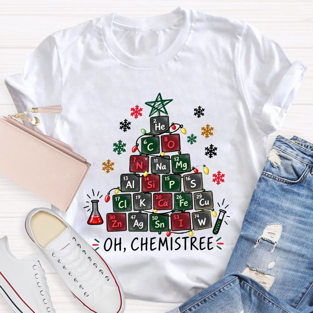 Oh Chemistree Colorful Periodic Table Christmas Teacher T-shirt