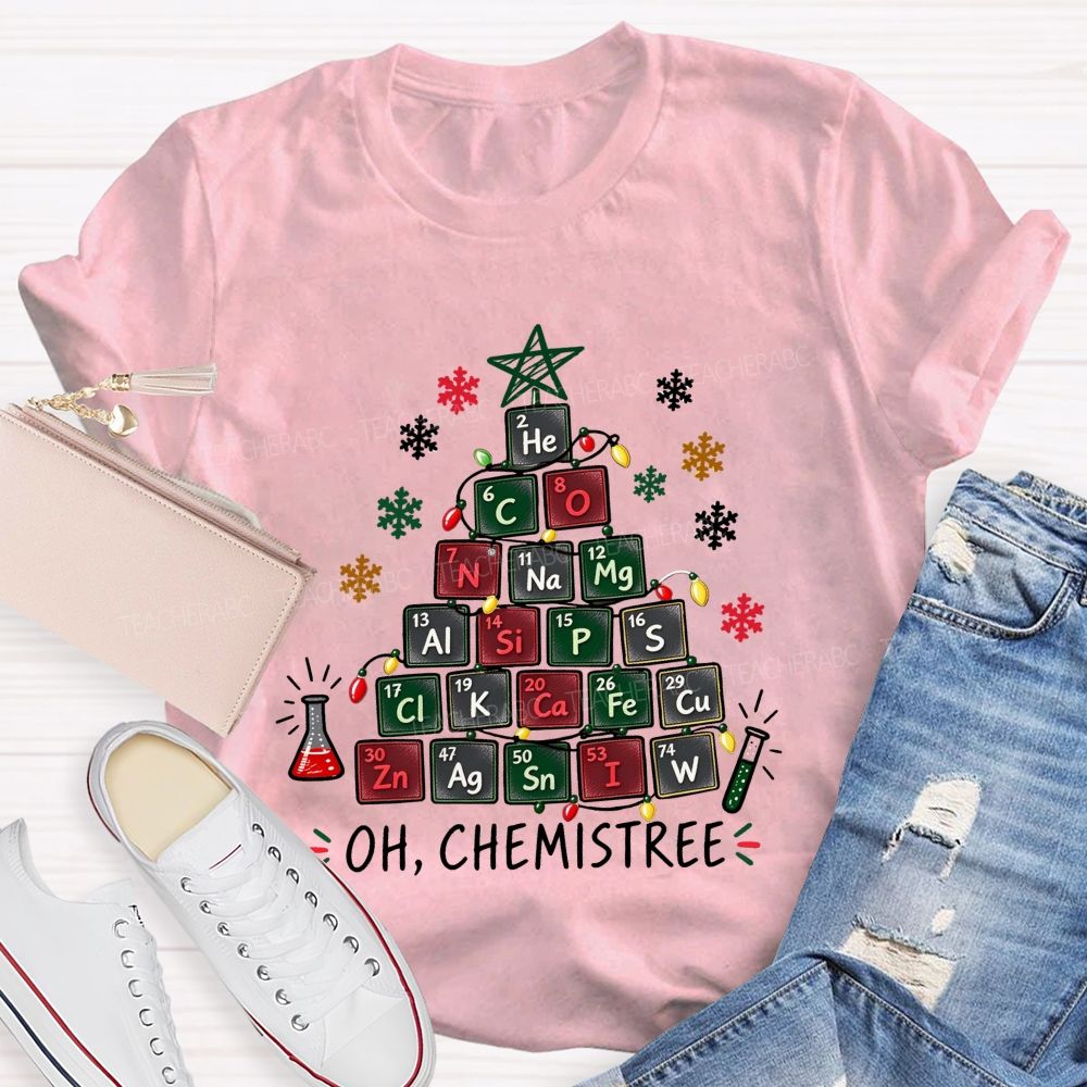 Oh Chemistree Colorful Periodic Table Christmas Teacher T-shirt