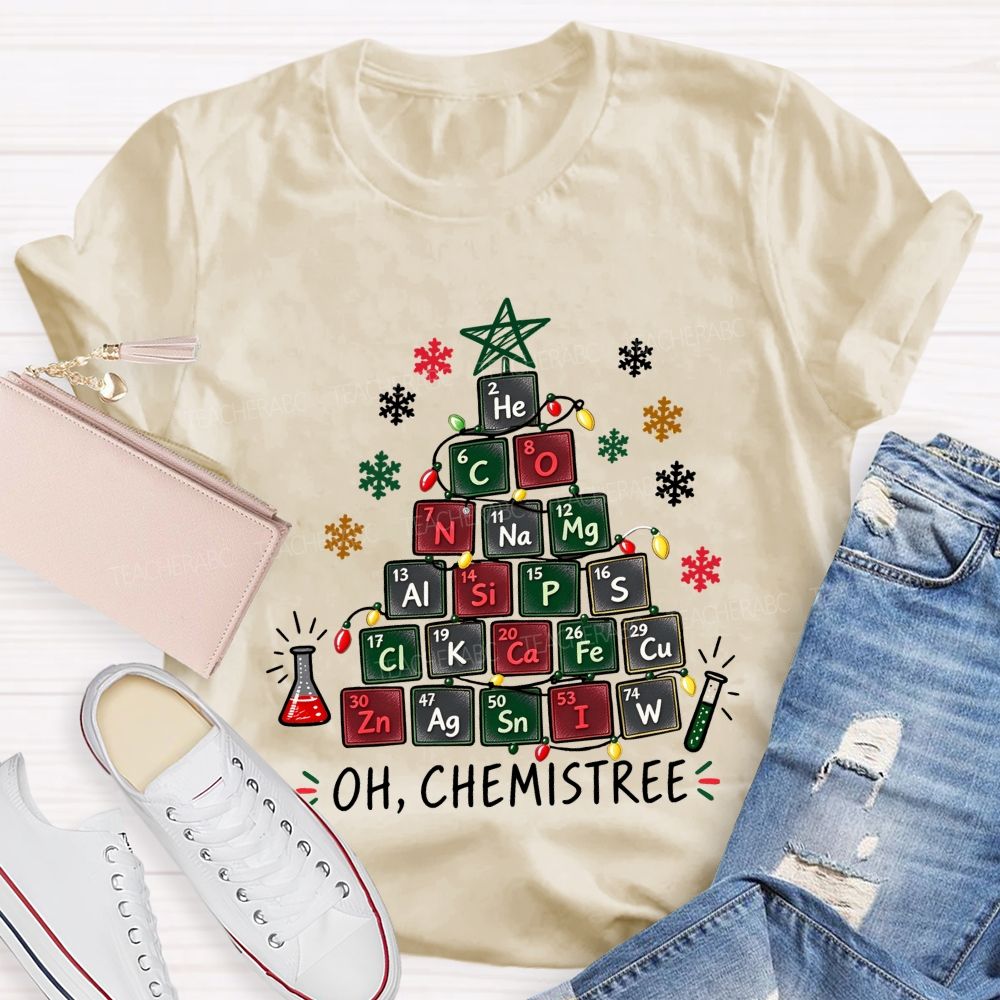 Oh Chemistree Colorful Periodic Table Christmas Teacher T-shirt